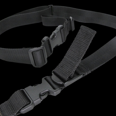 A close-up of the Condor Speedy 2-Point Sling, a black adjustable nylon strap with plastic buckles and clips, ideal for securing or carrying gear in EDC or military settings.