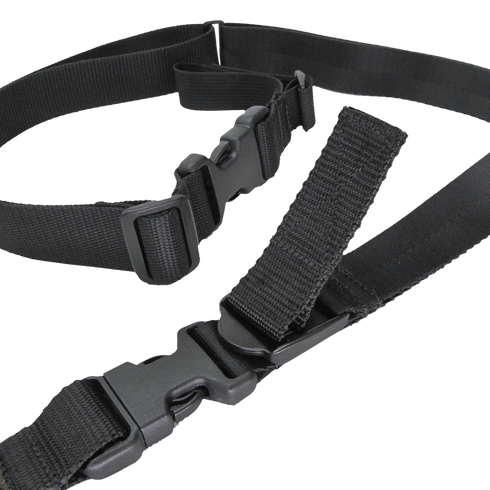 A close-up of the Condor Speedy 2-Point Sling, a black adjustable nylon strap with plastic buckles and clips, ideal for securing or carrying gear in EDC or military settings.