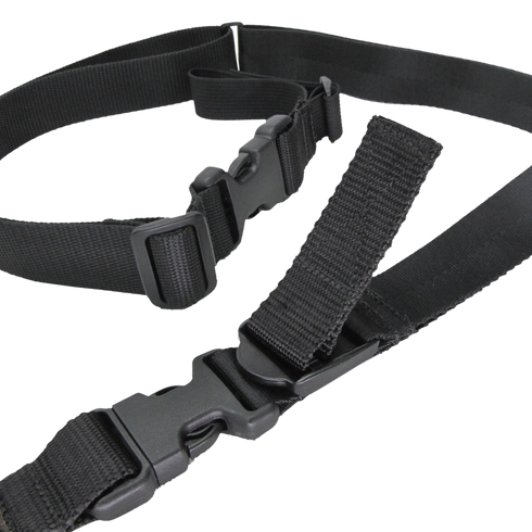 Close-up of Condor Speedy 2-Point Sling showing adjustable black nylon straps with plastic buckles and clips, displayed on a white background.