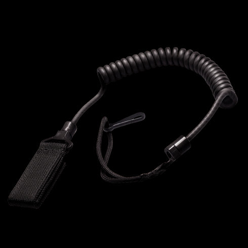 The Condor Pistol Lanyard is a coiled black lanyard with a wrist strap and Velcro attachment, designed to secure small items or tools.
