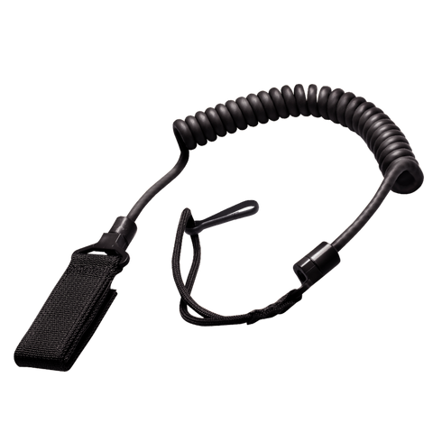The Condor Pistol Lanyard is a coiled black lanyard with a wrist strap and Velcro attachment, designed to secure small items or tools.