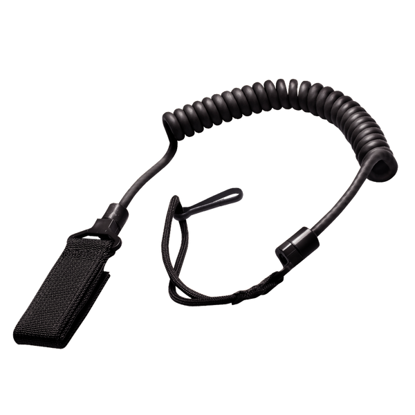 The Condor Pistol Lanyard is a coiled black lanyard with a wrist strap and Velcro attachment, designed to secure small items or tools.