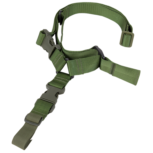 The Condor Quick 1-Point Sling is a green adjustable nylon rifle sling with plastic buckles and clips, perfect for carrying or securing your firearm during EDC or at the shooting range.