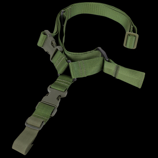 The Condor Quick 1-Point Sling is a green adjustable nylon rifle sling with plastic buckles and clips, perfect for carrying or securing your firearm during EDC or at the shooting range.