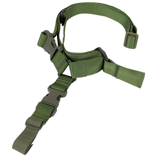 The Condor Quick 1-Point Sling is a green adjustable nylon rifle sling with plastic buckles and clips, perfect for carrying or securing your firearm during EDC or at the shooting range.