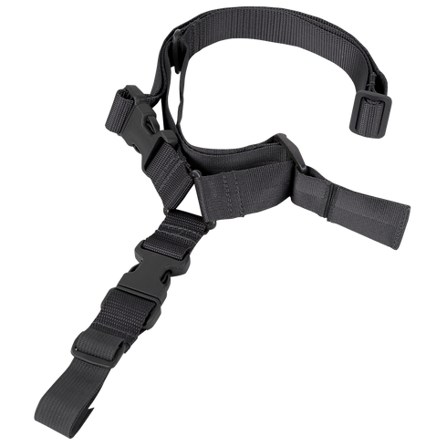 The Condor Quick 1-Point Sling is a black adjustable nylon tactical sling with plastic buckles and straps, designed for carrying equipment or securing items—ideal for EDC or shooting range trips.
