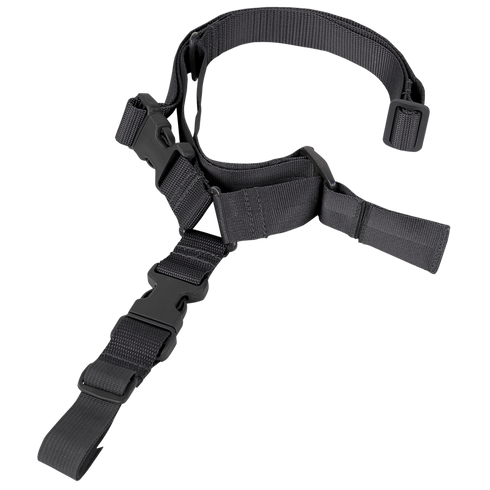 The Condor Quick 1-Point Sling is a black adjustable nylon tactical sling with plastic buckles and straps, designed for carrying equipment or securing items—ideal for EDC or shooting range trips.