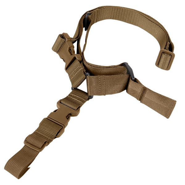 The Condor Quick 1-Point Sling features a tan adjustable nylon strap with plastic buckles and loops, perfect for military or EDC use as a tactical or utility sling.