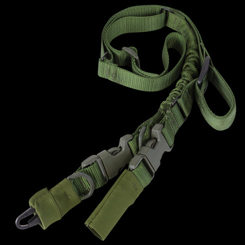 The Condor Stryke Single Bungee Conversion Sling, a green adjustable rifle sling with metal hooks, plastic buckles, and reinforced stitching, is displayed laid out.