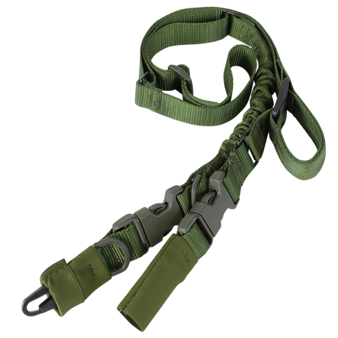 The Condor Stryke Single Bungee Conversion Sling, a green adjustable rifle sling with metal hooks, plastic buckles, and reinforced stitching, is displayed laid out.