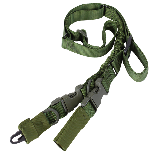 The Condor Stryke Single Bungee Conversion Sling, a green adjustable rifle sling with metal hooks, plastic buckles, and reinforced stitching, is displayed laid out.