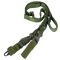 The Condor Stryke Single Bungee Conversion Sling, a green adjustable rifle sling with metal hooks, plastic buckles, and reinforced stitching, is displayed laid out.