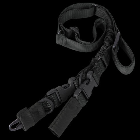 The Condor Stryke Single Bungee Conversion Sling in black features adjustable length, buckles, clips, loops, and both coiled and straight sections for tactical versatility.