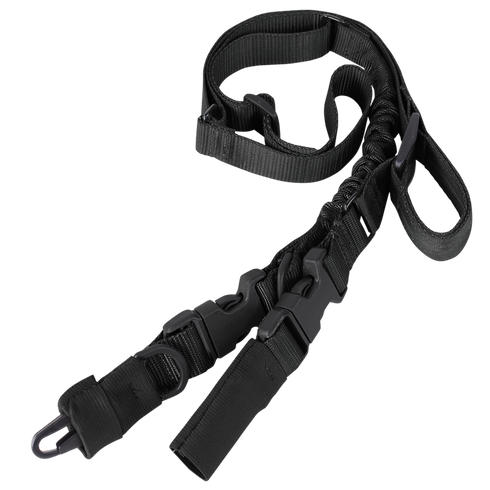 The Condor Stryke Single Bungee Conversion Sling in black features adjustable length, buckles, clips, loops, and both coiled and straight sections for tactical versatility.