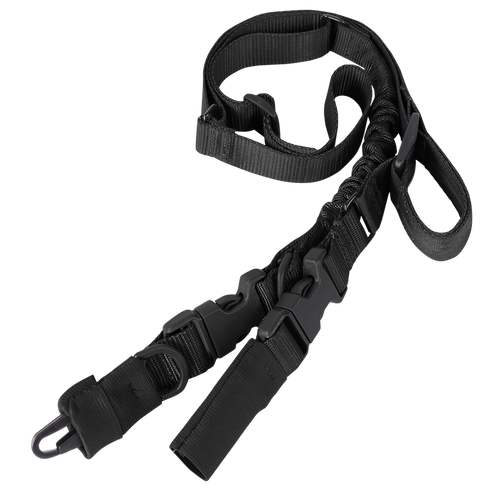 The Condor Stryke Single Bungee Conversion Sling in black features adjustable length, buckles, clips, loops, and both coiled and straight sections for tactical versatility.
