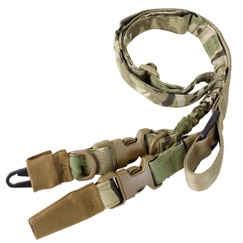 The Condor Stryke Single Bungee Conversion Sling in MultiCam features adjustable straps, metal clips, plastic buckles, and reinforced stitching, displayed on a white background.