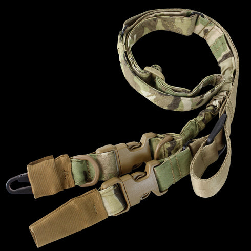 The Condor Stryke Single Bungee Conversion Sling in MultiCam features adjustable straps, metal clips, plastic buckles, and reinforced stitching, displayed on a white background.