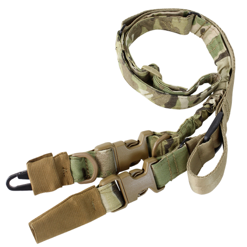 The Condor Stryke Single Bungee Conversion Sling in MultiCam features adjustable straps, metal clips, plastic buckles, and reinforced stitching, displayed on a white background.