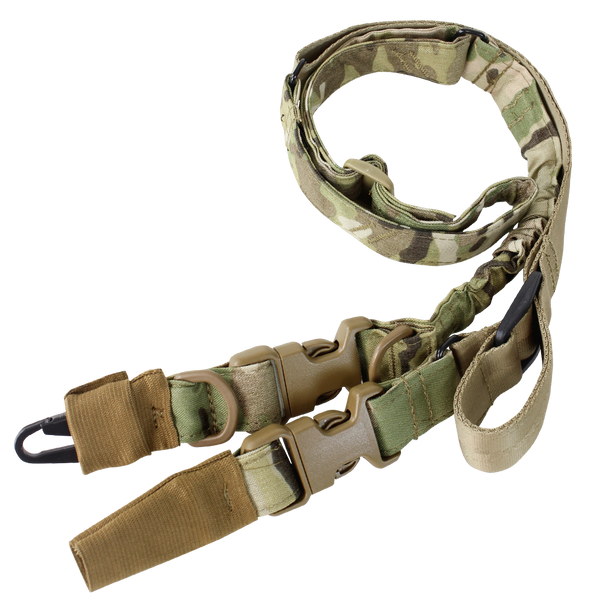 The Condor Stryke Single Bungee Conversion Sling in MultiCam features adjustable straps, metal clips, plastic buckles, and reinforced stitching, displayed on a white background.