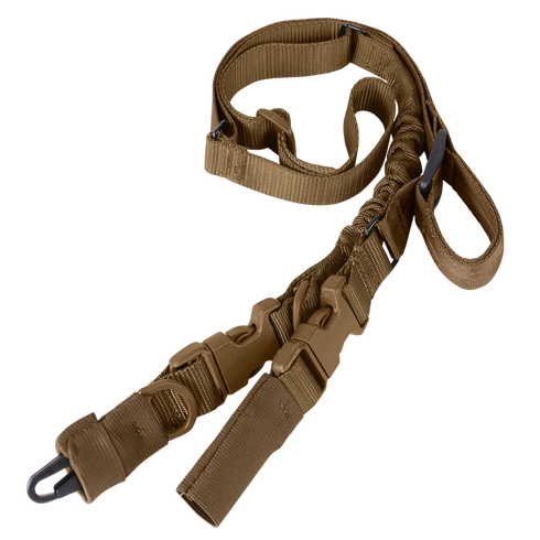 The Condor Stryke Single Bungee Conversion Sling features adjustable straps, plastic buckles, and a metal clip, offering reliable firearm carrying.