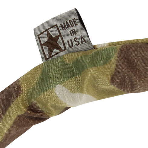 A close-up of the Condor Tube Cover - MultiCam, featuring camouflage-patterned fabric and a tag with MADE IN USA and a star emblem.