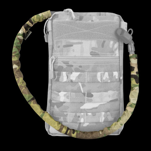 A Condor Tube Cover - MultiCam flexible sleeve is looped in front of a gray camouflage tactical pouch featuring zippers and attachment points.