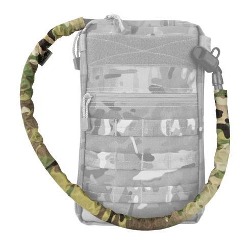 A Condor Tube Cover - MultiCam flexible sleeve is looped in front of a gray camouflage tactical pouch featuring zippers and attachment points.