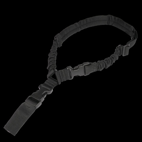 The Condor Matrix Single Point Sling is a black adjustable tactical bungee sling with plastic buckles and a padded shoulder strap, designed for carrying equipment.