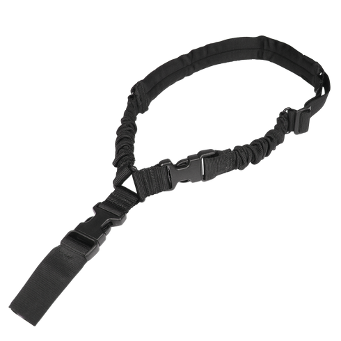 The Condor Matrix Single Point Sling is a black adjustable tactical bungee sling with plastic buckles and a padded shoulder strap, designed for carrying equipment.