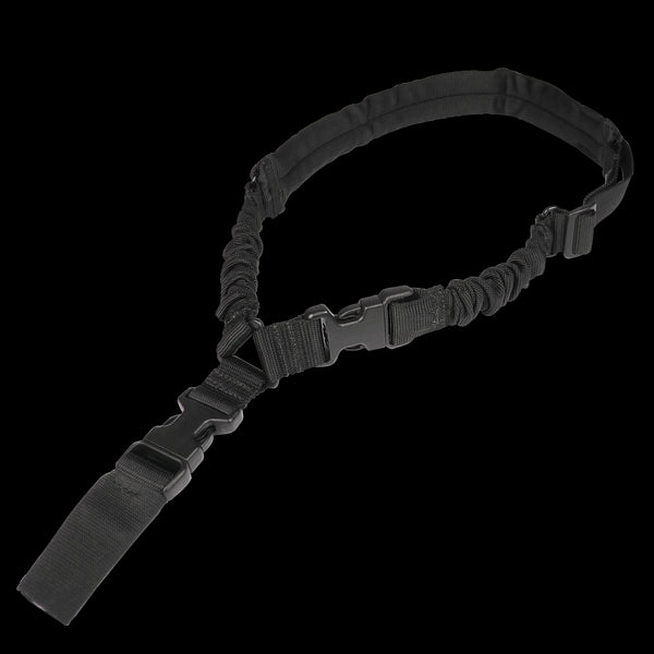 The Condor Matrix Single Point Sling is a black adjustable tactical bungee sling with plastic buckles and a padded shoulder strap, designed for carrying equipment.