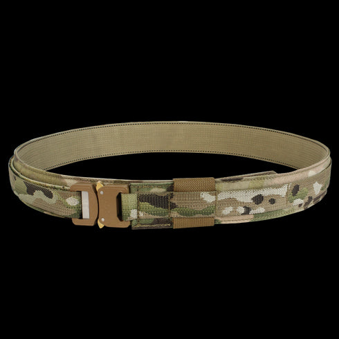 The Condor Cobra Gun Belt - MultiCam features a camouflage pattern and tan metal buckle, perfect for shooting range practice or law enforcement, shown against a white background.