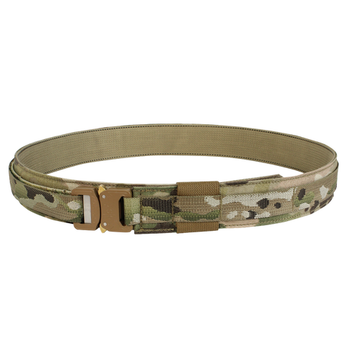 The Condor Cobra Gun Belt - MultiCam features a camouflage pattern and tan metal buckle, perfect for shooting range practice or law enforcement, shown against a white background.