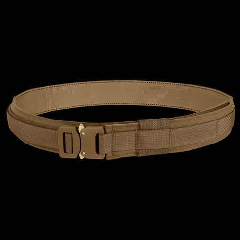 The Condor Cobra Gun Belt, a brown tactical utility belt with a quick-release buckle, is shown coiled in a circle on a white background.