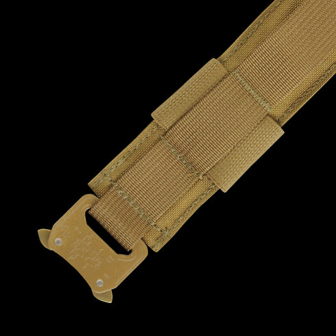Close-up of the Condor Cobra Gun Belt - MultiCam, featuring a tan nylon strap with reinforced stitching and a metal buckle, designed for EDC or bushcraft use, shown against a transparent background.