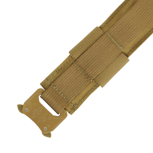 Close-up of the Condor Cobra Gun Belt - MultiCam, featuring a tan nylon strap with reinforced stitching and a metal buckle, designed for EDC or bushcraft use, shown against a transparent background.