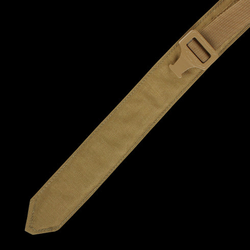 Close-up of the Condor Cobra Gun Belt in MultiCam, featuring a tan nylon strap with a plastic buckle, set against a brown textured background—ideal for tactical or outdoor use.