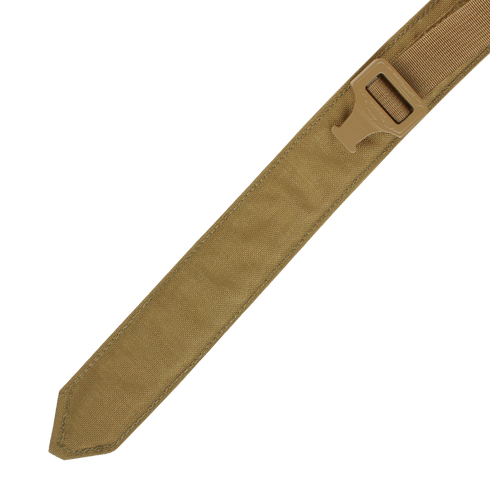 Close-up of the Condor Cobra Gun Belt in MultiCam, featuring a tan nylon strap with a plastic buckle, set against a brown textured background—ideal for tactical or outdoor use.