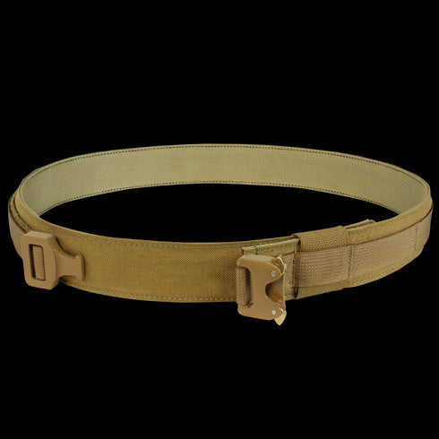 The Condor Cobra Gun Belt in MultiCam, featuring a metal buckle and reinforced stitching for military or law enforcement use, is displayed in a circular shape on a white background.