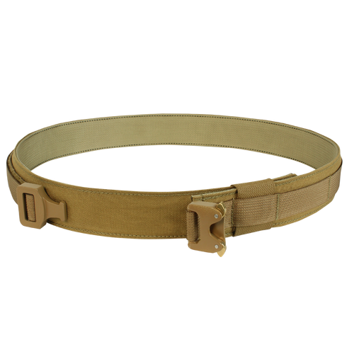 The Condor Cobra Gun Belt in MultiCam, featuring a metal buckle and reinforced stitching for military or law enforcement use, is displayed in a circular shape on a white background.