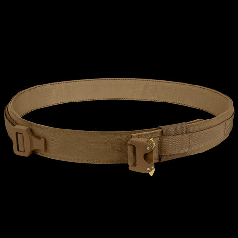 The Condor Cobra Gun Belt is a tan tactical utility belt with a metal buckle and reinforced stitching, ideal for carrying gear or tools.