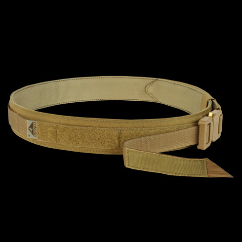 The Condor Cobra Gun Belt in MultiCam features a metal buckle and Velcro adjustment, ideal for law enforcement or military use, shown against a white background.
