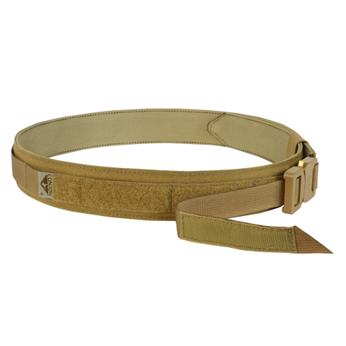 The Condor Cobra Gun Belt in MultiCam features a metal buckle and Velcro adjustment, ideal for law enforcement or military use, shown against a white background.