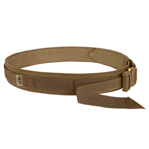 The Condor Cobra Gun Belt is shown on a plain white background, featuring a sturdy metal buckle and Velcro adjustment in brown.