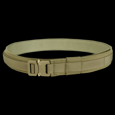 The Condor Cobra Gun Belt in tactical olive green nylon features a sturdy metal buckle and is displayed coiled on a plain background.