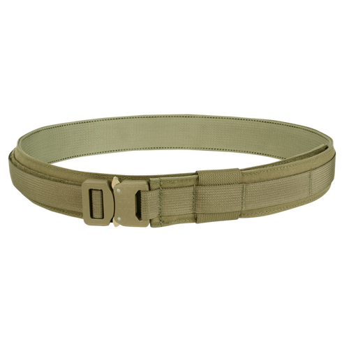 The Condor Cobra Gun Belt in tactical olive green nylon features a sturdy metal buckle and is displayed coiled on a plain background.