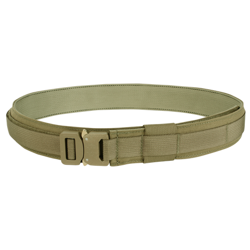 The Condor Cobra Gun Belt in tactical olive green nylon features a sturdy metal buckle and is displayed coiled on a plain background.