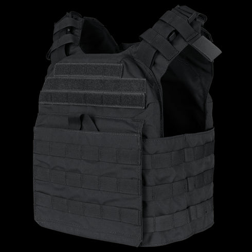 The Condor Cyclone Plate Carrier in black features multiple attachment points, adjustable shoulder straps, and a Velcro patch area, shown against a plain background.