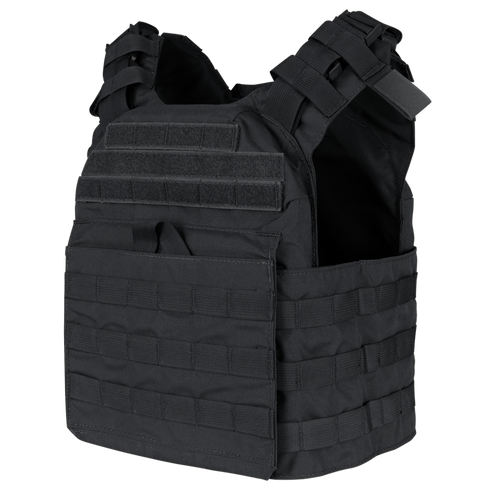 The Condor Cyclone Plate Carrier in black features multiple attachment points, adjustable shoulder straps, and a Velcro patch area, shown against a plain background.