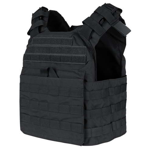 The Condor Cyclone Plate Carrier in black features multiple attachment points, adjustable shoulder straps, and a Velcro patch area, shown against a plain background.