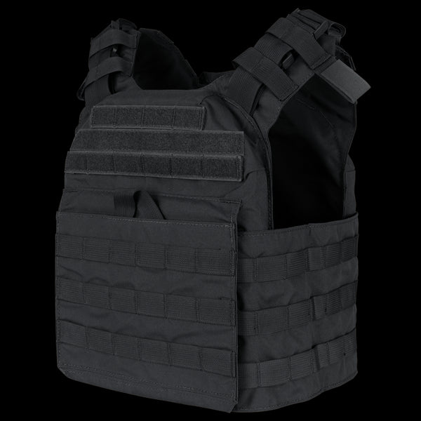 The Condor Cyclone Plate Carrier in black features multiple attachment points, adjustable shoulder straps, and a Velcro patch area, shown against a plain background.